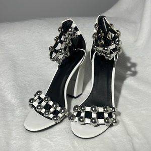 Black and white open toe heels
